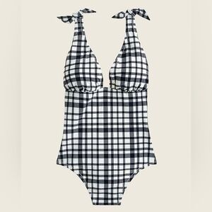NWT Sz 8 J. Crew Tie-shoulder one-piece swimsuit marine plaid AY386 navy blue
